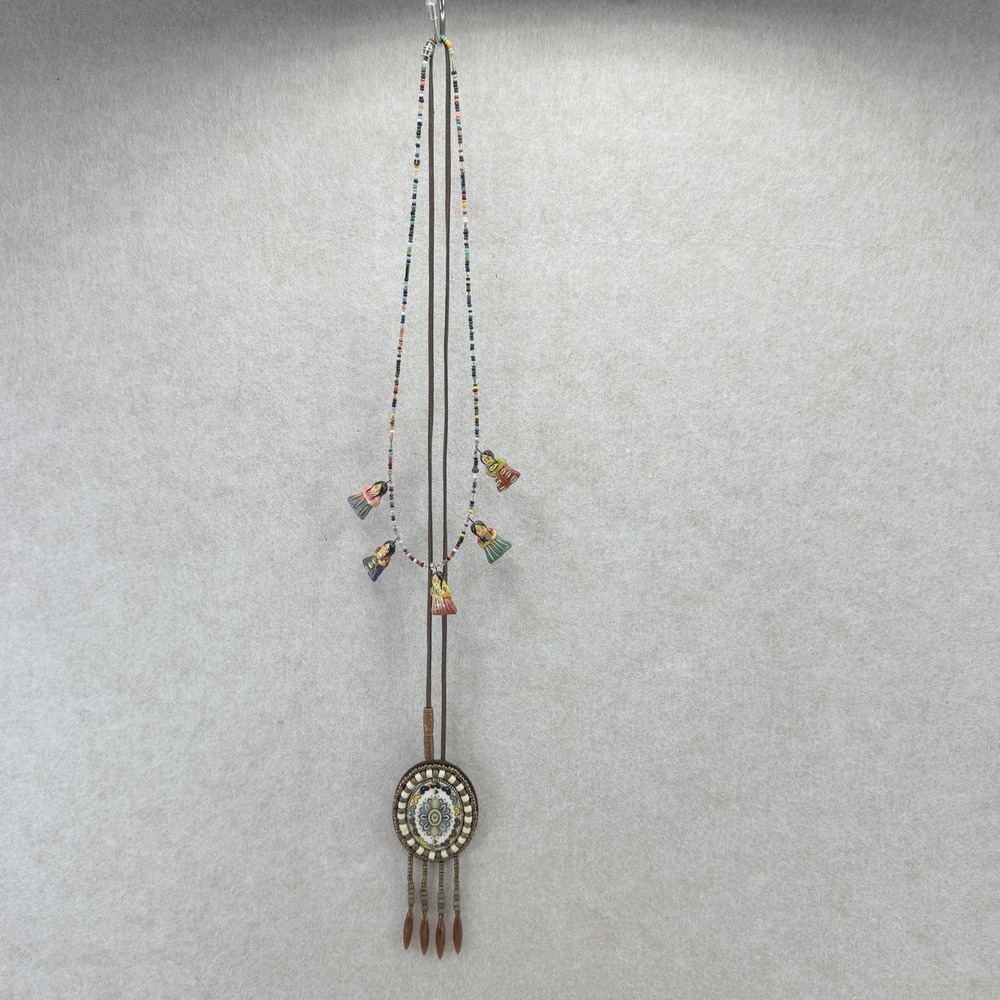 Set of 2 Beaded Pendant Necklace Leather Multicolor Womens Fringe Boho Charm